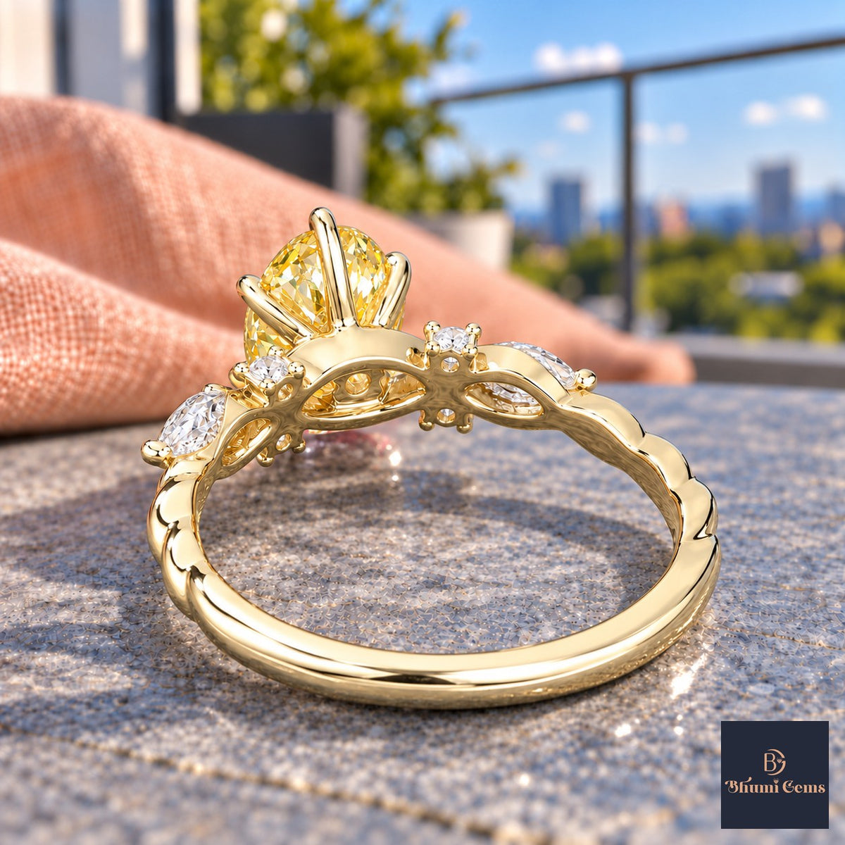 Yellow Oval Cut Lab Grown Diamond Engagement Ring - Leaf Cluster Shoulders in yellow gold, gallery view