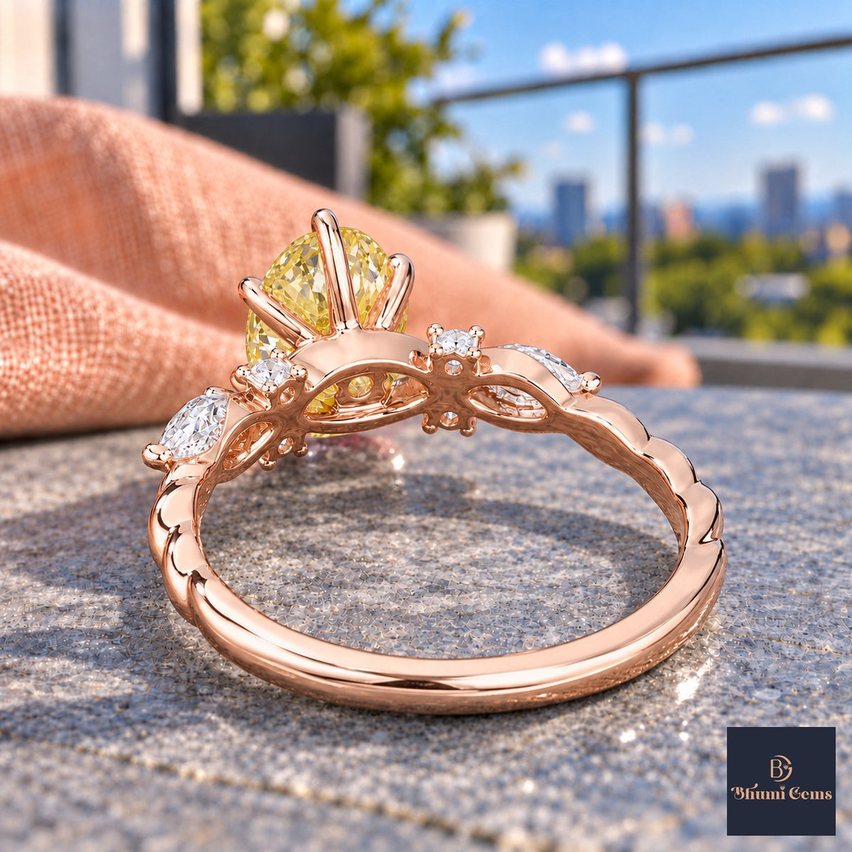 Yellow Oval Cut Lab Grown Diamond Engagement Ring - Leaf Cluster Shoulders in rose gold, gallery view