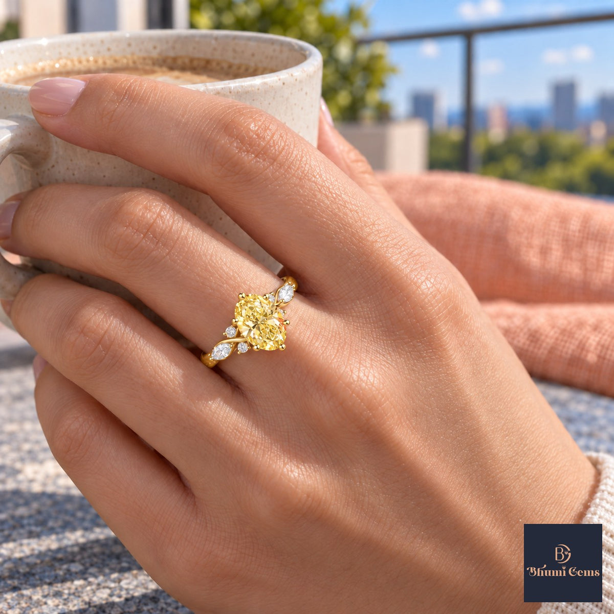 Yellow Oval Cut Lab Grown Diamond Engagement Ring - Leaf Cluster Shoulders in yellow gold, on the hand