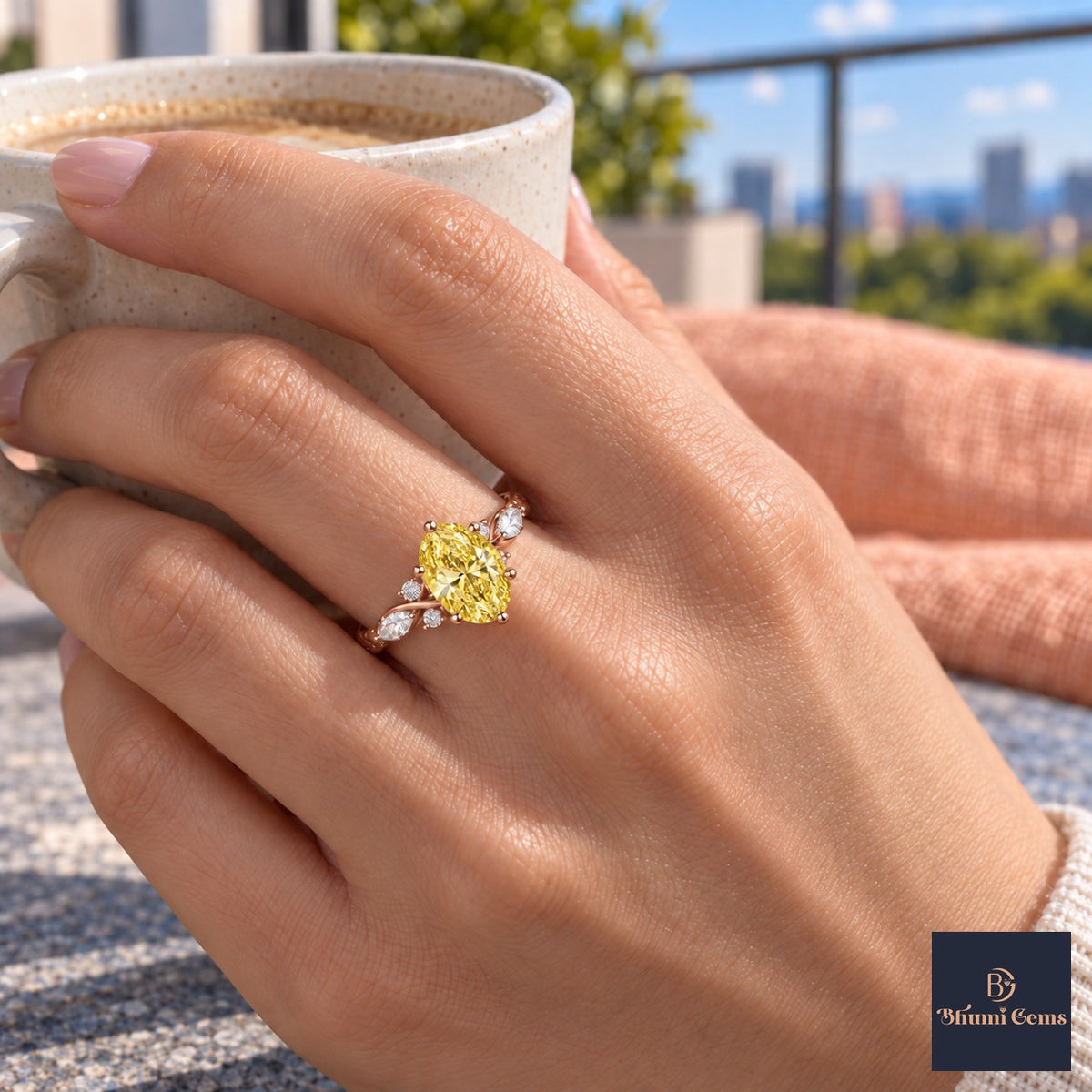 Yellow Oval Cut Lab Grown Diamond Engagement Ring - Leaf Cluster Shoulders in rose gold, on the hand