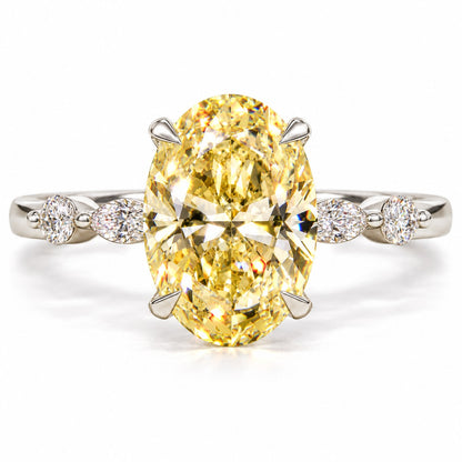 Yellow Oval Cut Lab Grown Diamond Engagement Ring - Marquise and Round Accents in white gold, front view