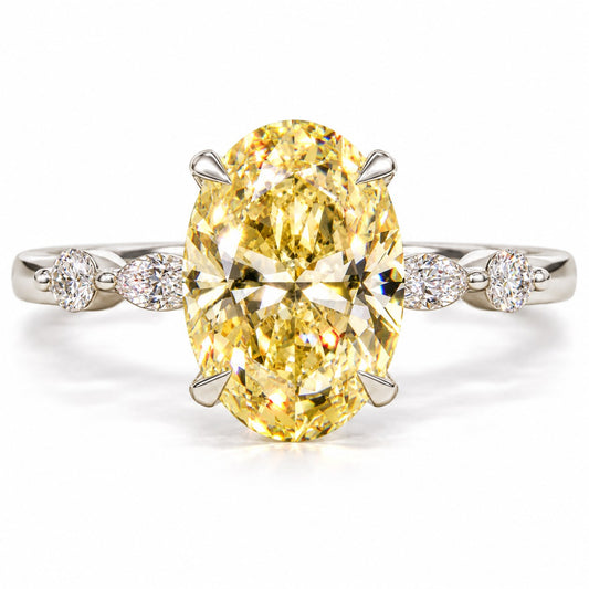 Yellow Oval Cut Lab Grown Diamond Engagement Ring - Marquise and Round Accents in white gold, front view