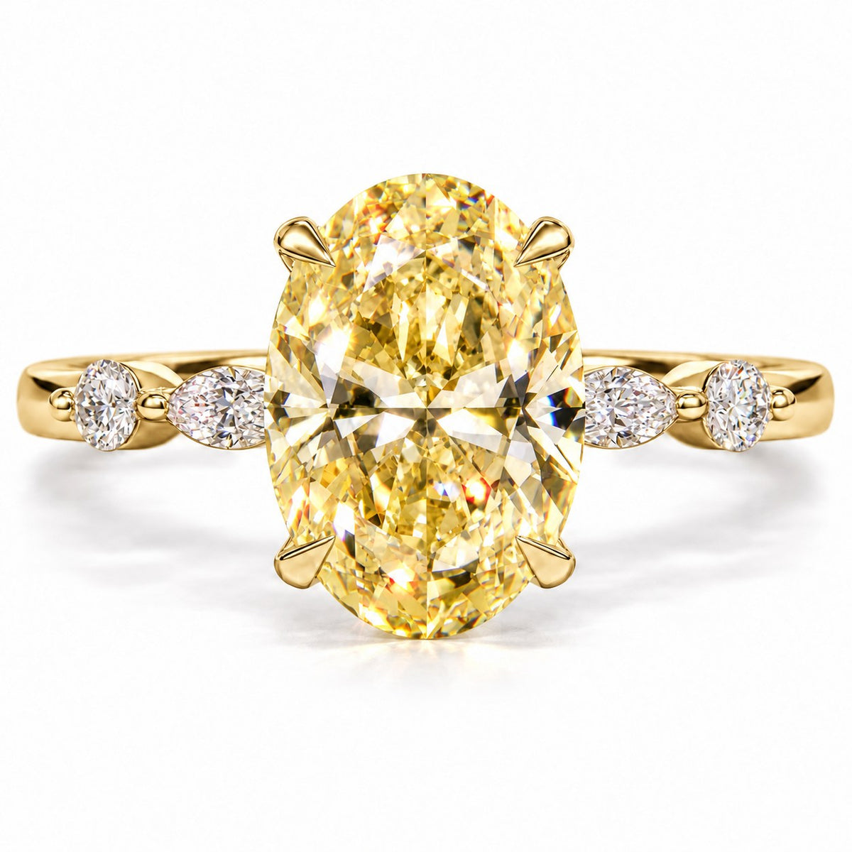 Yellow Oval Cut Lab Grown Diamond Engagement Ring - Marquise and Round Accents in yellow gold, front view