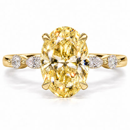 Yellow Oval Cut Lab Grown Diamond Engagement Ring - Marquise and Round Accents in yellow gold, front view