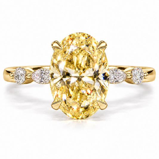 Yellow Oval Cut Lab Grown Diamond Engagement Ring - Marquise and Round Accents in yellow gold, front view