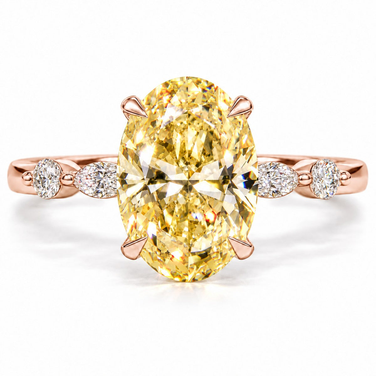 Yellow Oval Cut Lab Grown Diamond Engagement Ring - Marquise and Round Accents in rose gold, front view