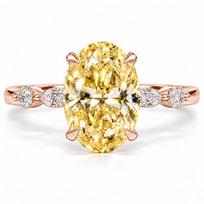 Yellow Oval Cut Lab Grown Diamond Engagement Ring - Marquise and Round Accents in rose gold, front view
