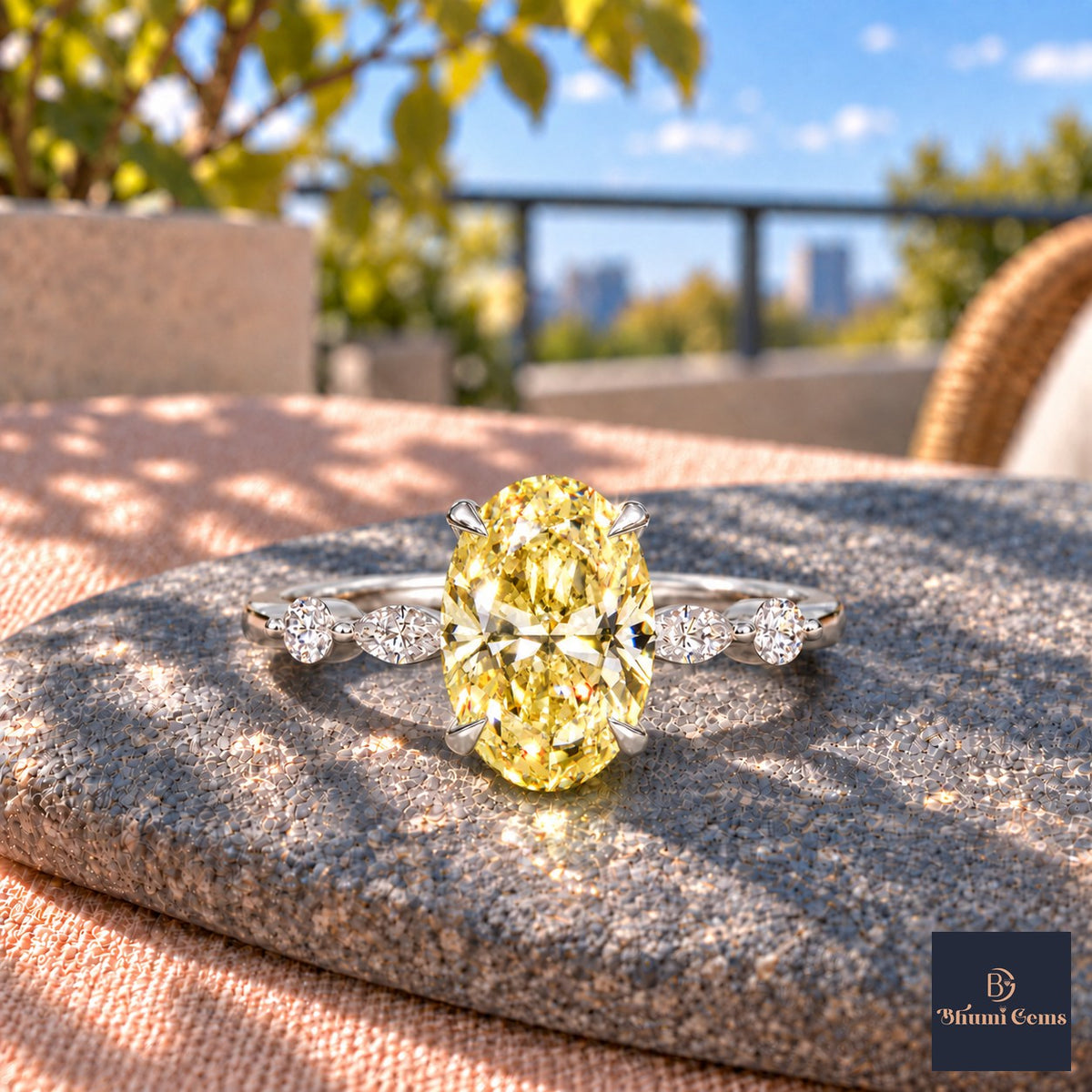 Yellow Oval Cut Lab Grown Diamond Engagement Ring - Marquise and Round Accents in white gold, close-up