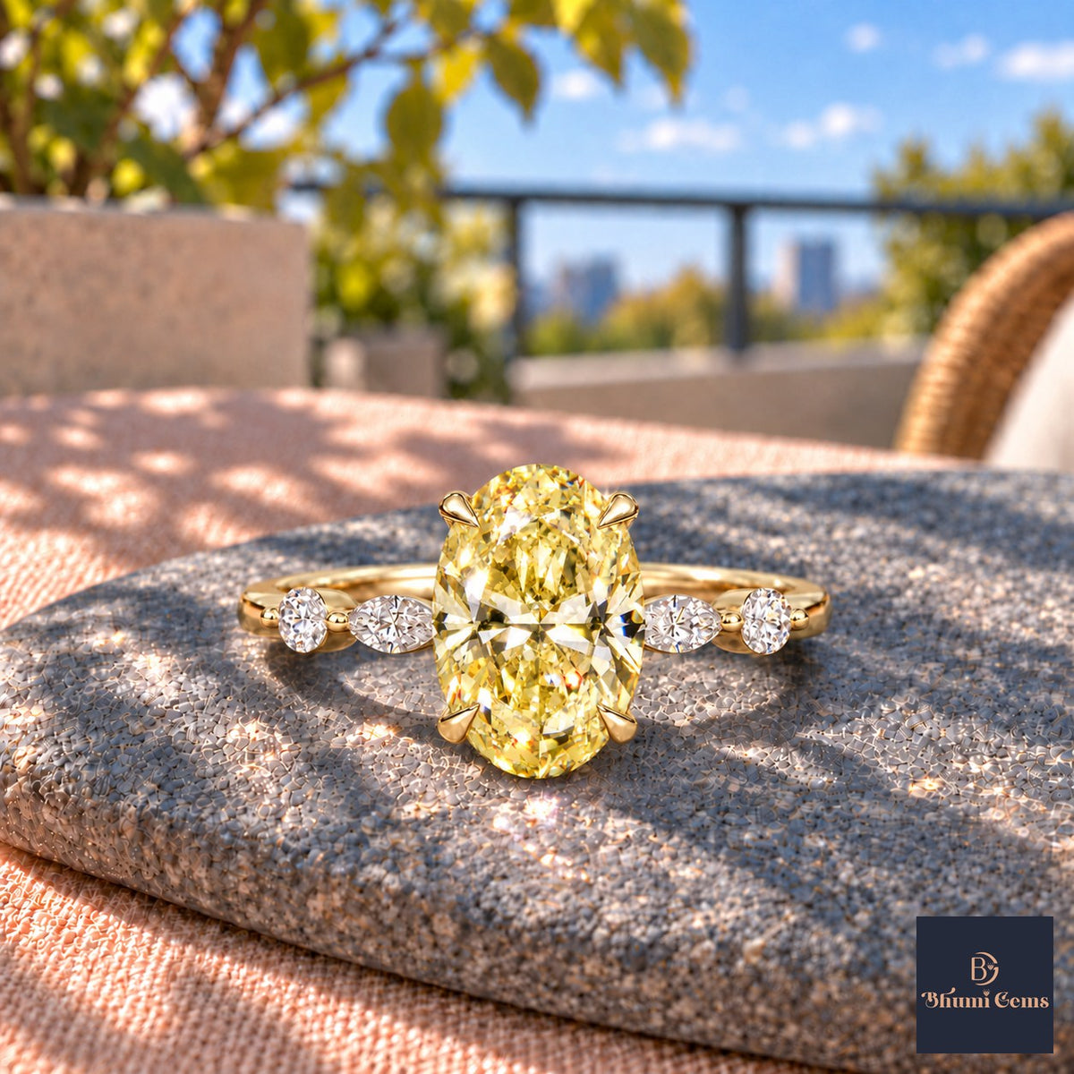 Yellow Oval Cut Lab Grown Diamond Engagement Ring - Marquise and Round Accents in yellow gold, close-up