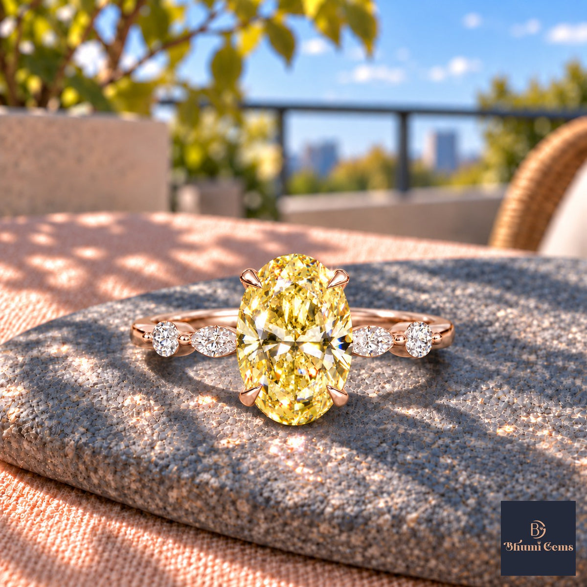 Yellow Oval Cut Lab Grown Diamond Engagement Ring - Marquise and Round Accents in rose gold, close-up