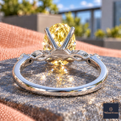 Yellow Oval Cut Lab Grown Diamond Engagement Ring - Marquise and Round Accents in white gold, gallery view