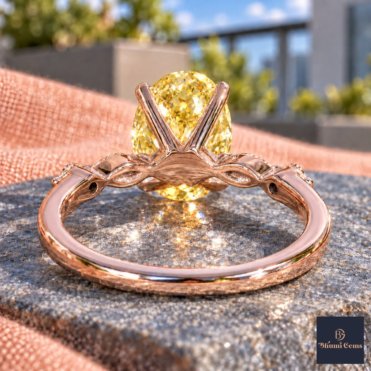 Yellow Oval Cut Lab Grown Diamond Engagement Ring - Marquise and Round Accents in rose gold, gallery view