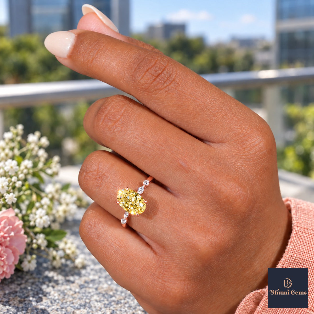 Yellow Oval Cut Lab Grown Diamond Engagement Ring - Marquise and Round Accents in rose gold, worn on the hand