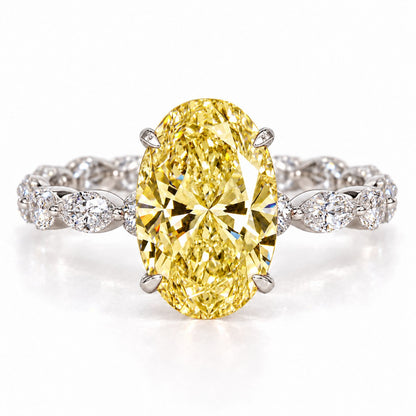 Yellow Oval Cut Lab Grown Diamond Engagement Ring - Navette Band in white gold, front view