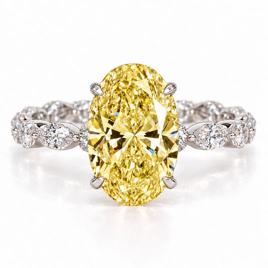 Yellow Oval Cut Lab Grown Diamond Engagement Ring - Navette Band in white gold, front view