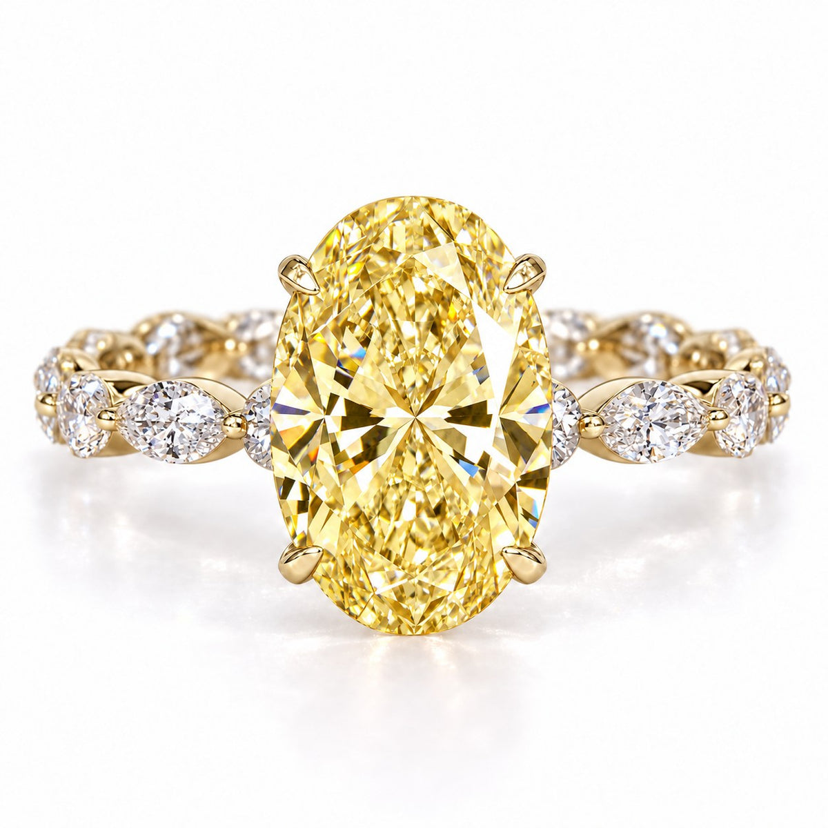 Yellow Oval Cut Lab Grown Diamond Engagement Ring - Navette Band in yellow gold, front view