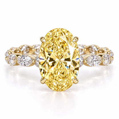 Yellow Oval Cut Lab Grown Diamond Engagement Ring - Navette Band in yellow gold, front view