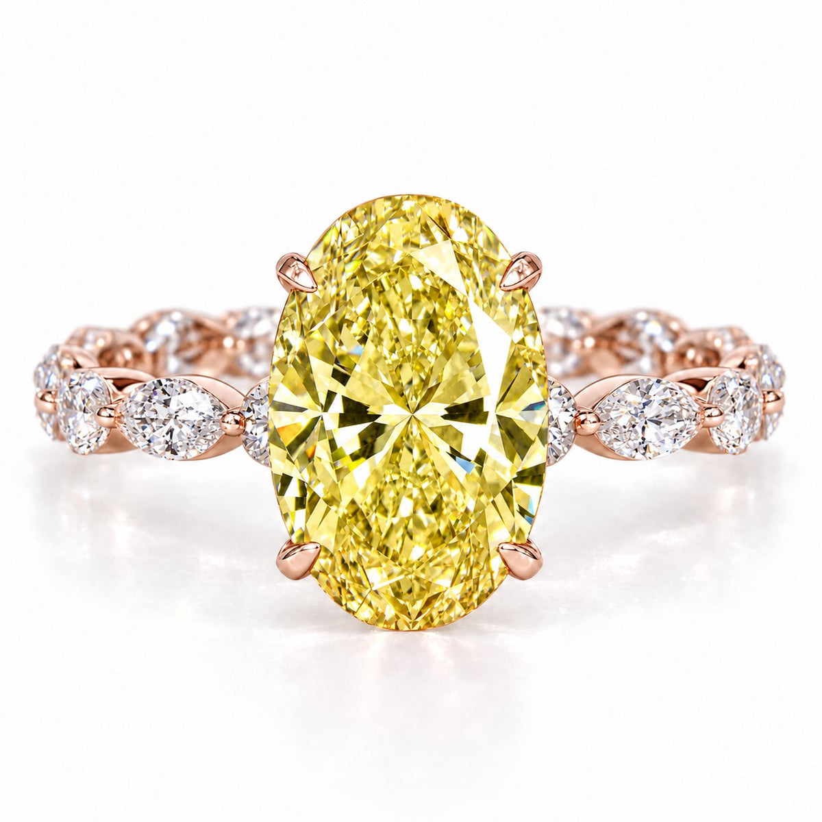 Yellow Oval Cut Lab Grown Diamond Engagement Ring - Navette Band in rose gold, front view