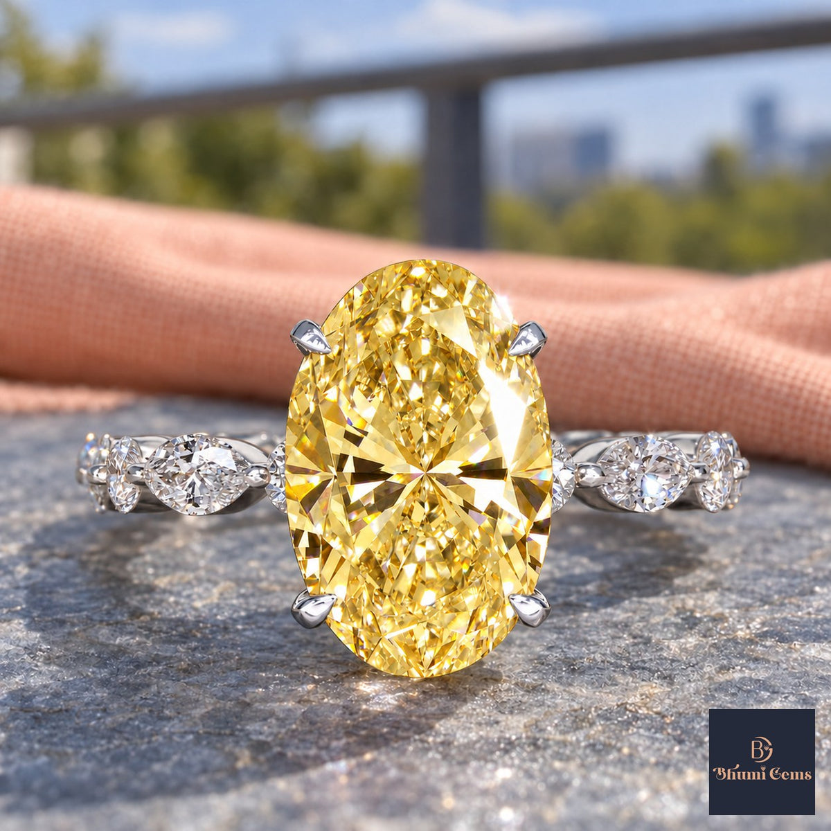 Yellow Oval Cut Lab Grown Diamond Engagement Ring - Navette Band in white gold, close-up