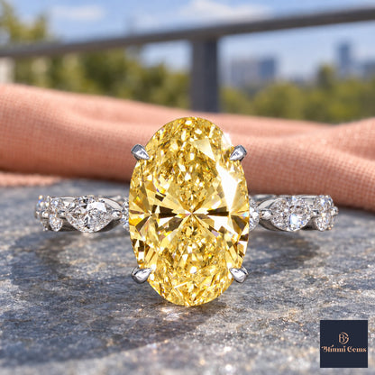 Yellow Oval Cut Lab Grown Diamond Engagement Ring - Navette Band in white gold, close-up