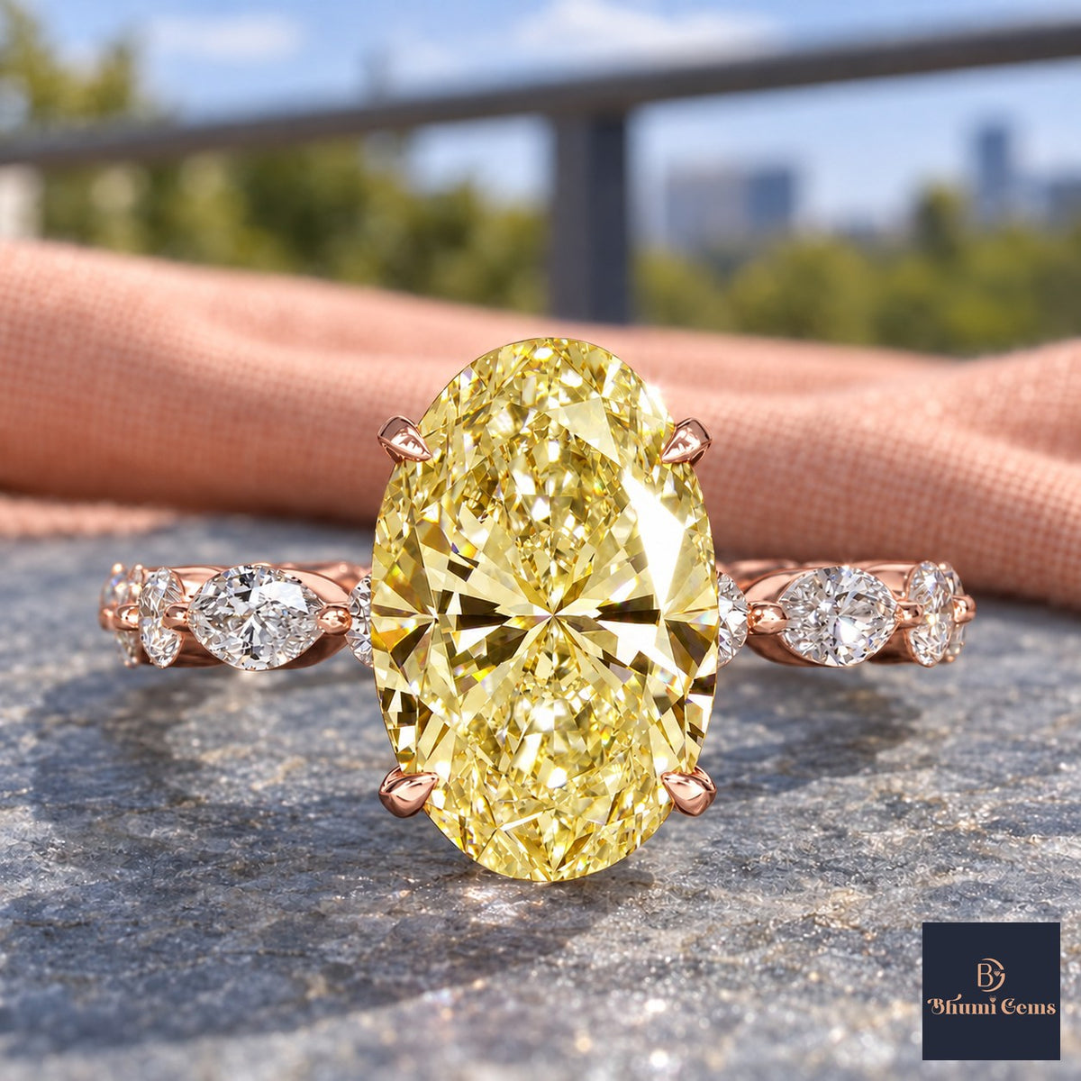 Yellow Oval Cut Lab Grown Diamond Engagement Ring - Navette Band in rose gold, close-up