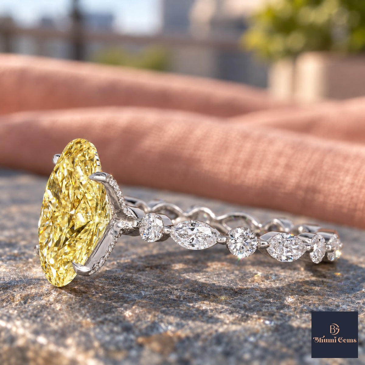 Yellow Oval Cut Lab Grown Diamond Engagement Ring - Navette Band in white gold, side view