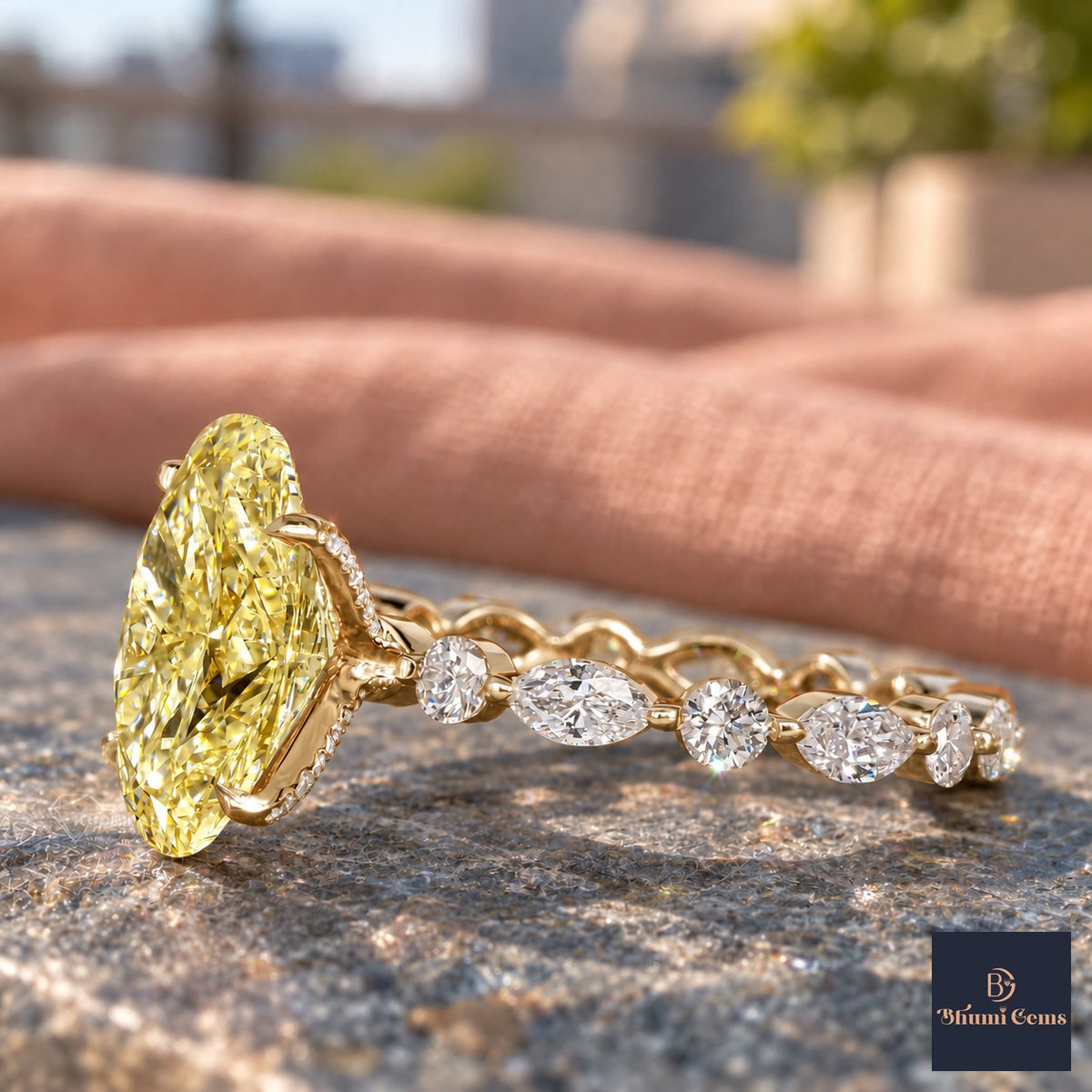 Yellow Oval Cut Lab Grown Diamond Engagement Ring - Navette Band in yellow gold, side view