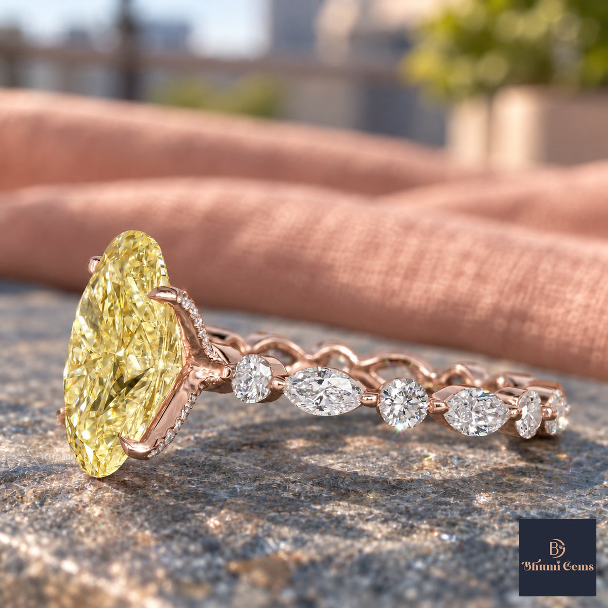 Yellow Oval Cut Lab Grown Diamond Engagement Ring - Navette Band in rose gold, side view