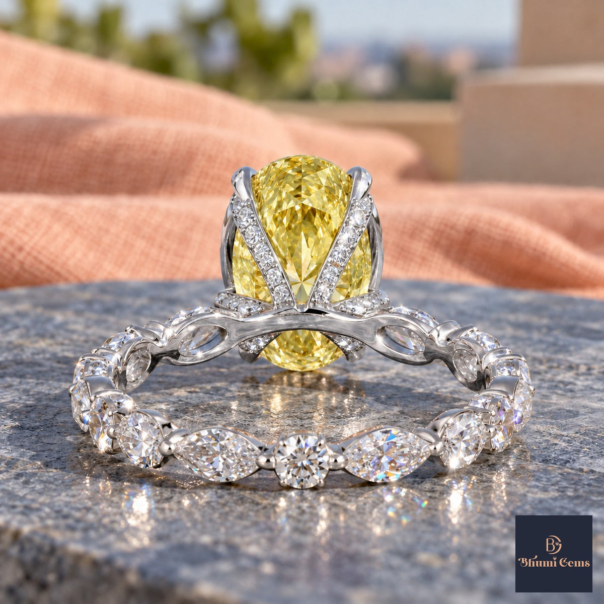 Yellow Oval Cut Lab Grown Diamond Engagement Ring - Navette Band in white gold, gallery view
