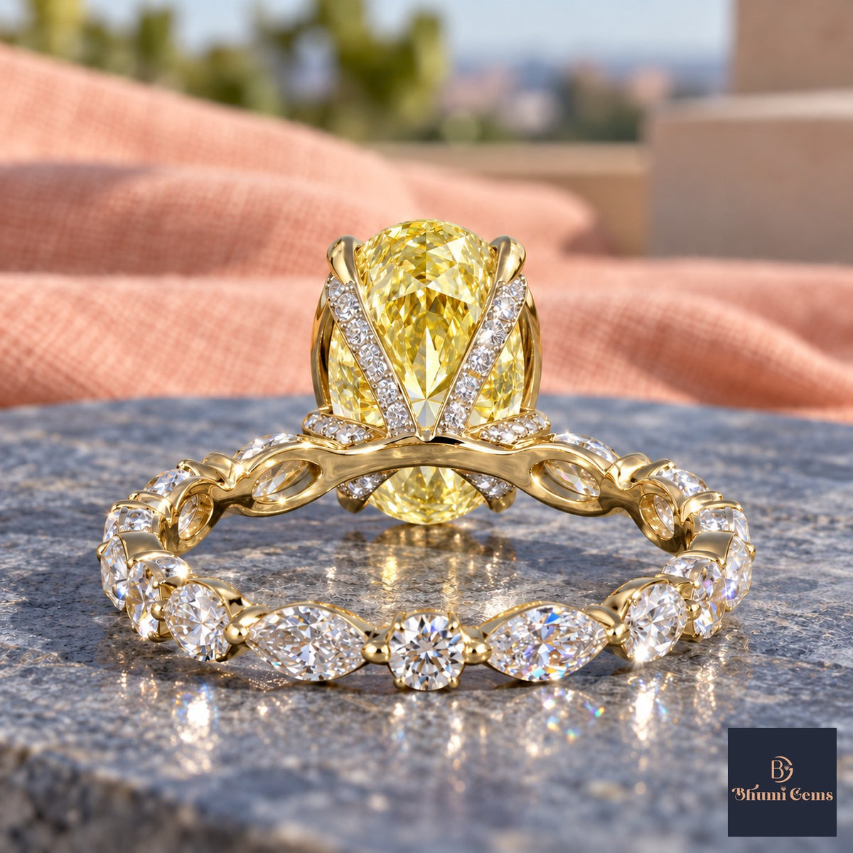 Yellow Oval Cut Lab Grown Diamond Engagement Ring - Navette Band in yellow gold, gallery view