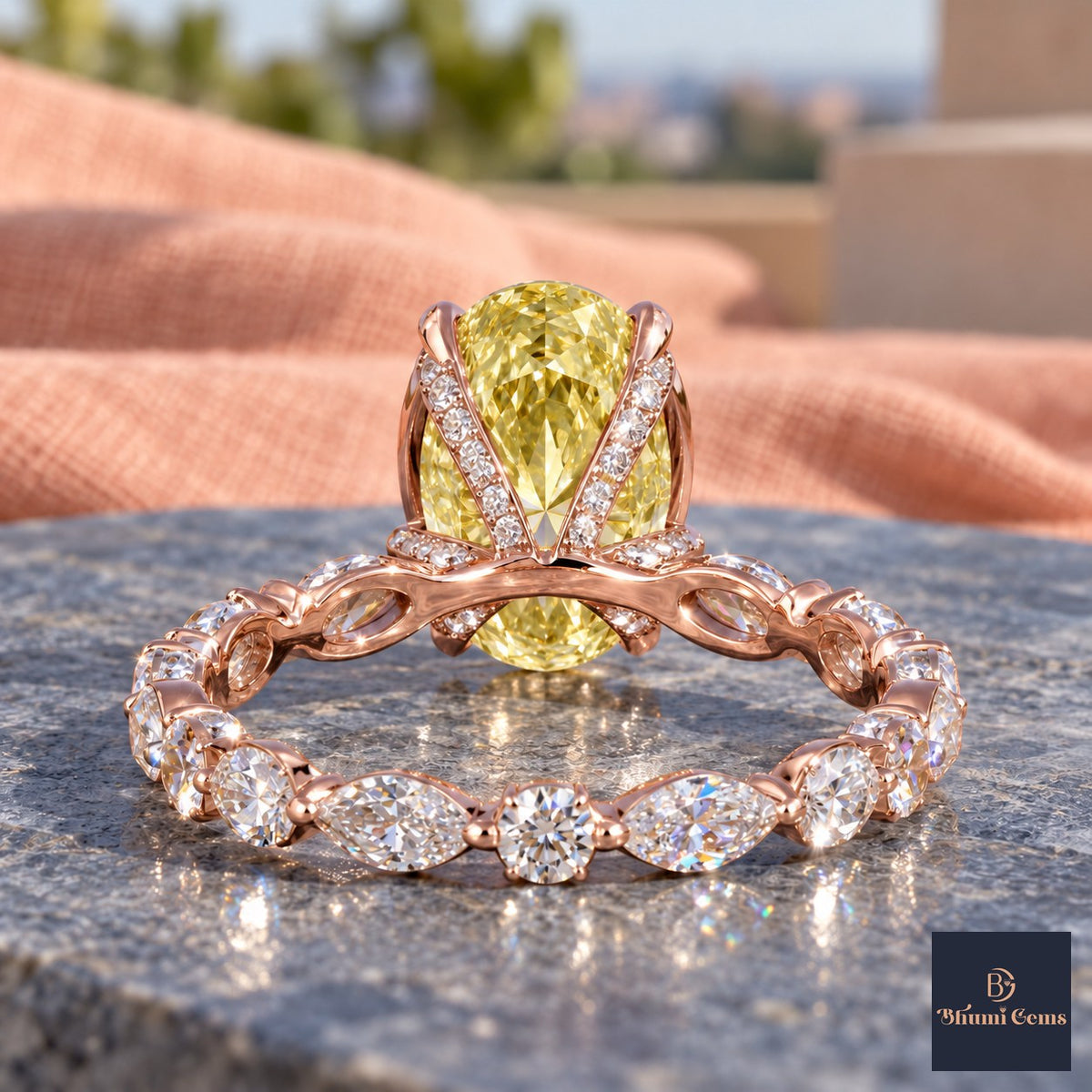 Yellow Oval Cut Lab Grown Diamond Engagement Ring - Navette Band in rose gold, gallery view