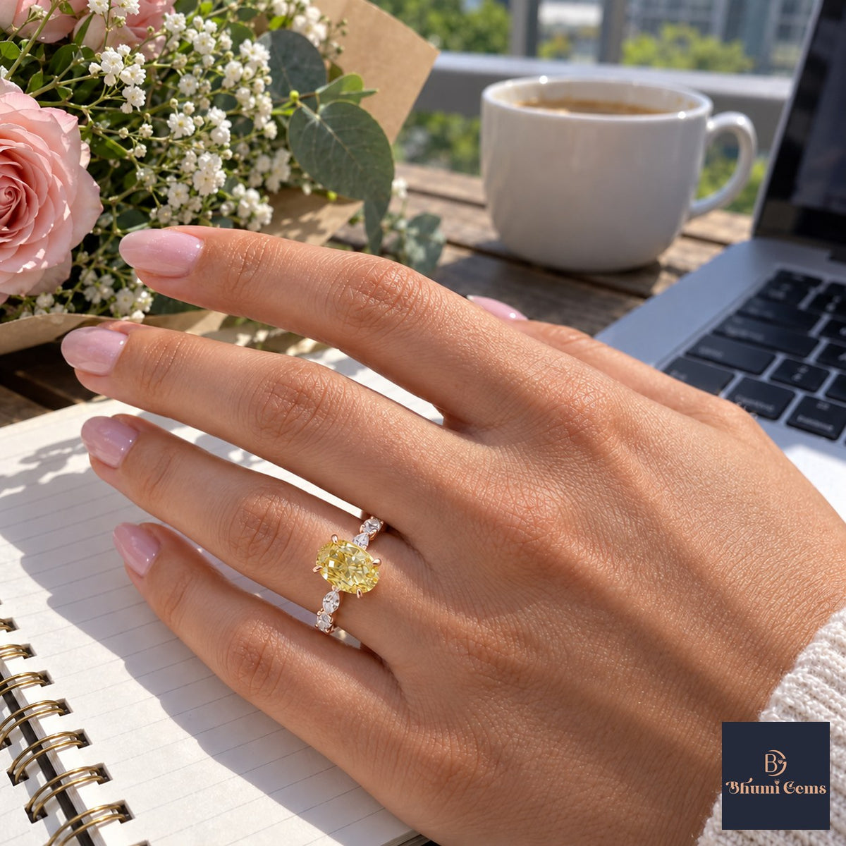 Yellow Oval Cut Lab Grown Diamond Engagement Ring - Navette Band in rose gold, worn on the hand