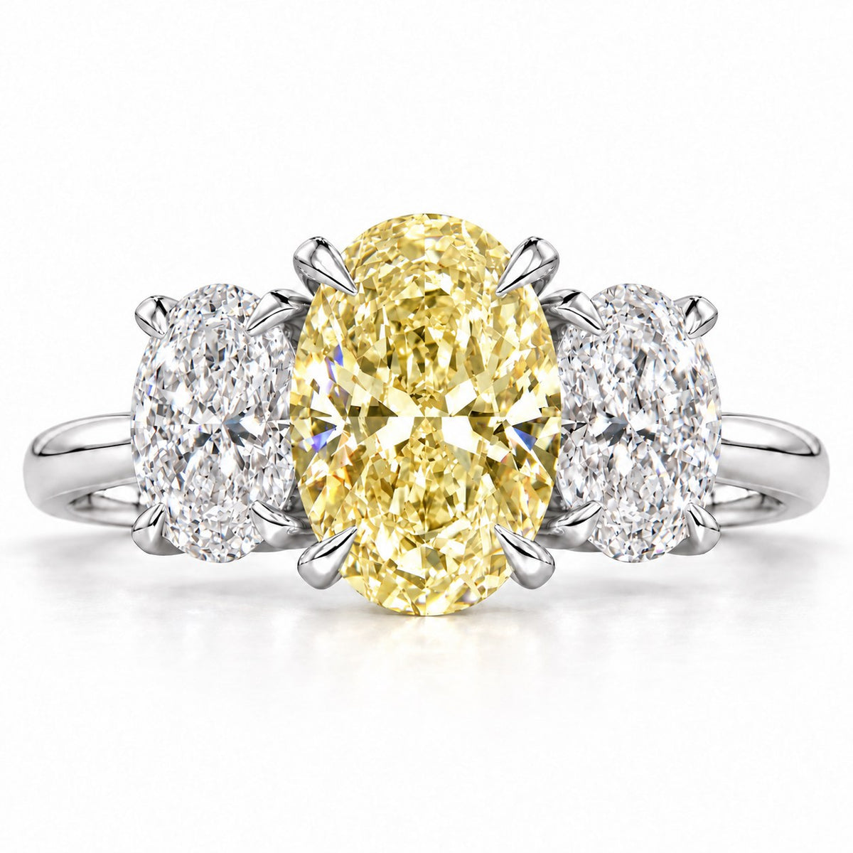Yellow Oval Cut Lab Grown Diamond Engagement Ring - Oval Three Stone in white gold, front view