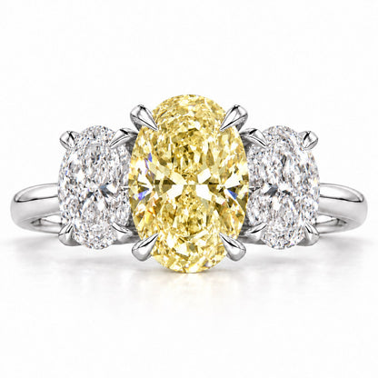 Yellow Oval Cut Lab Grown Diamond Engagement Ring - Oval Three Stone in white gold, front view