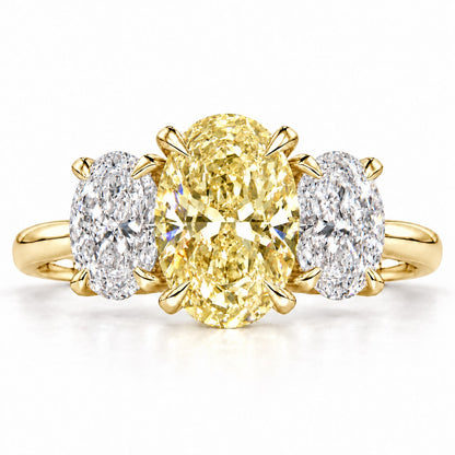 Yellow Oval Cut Lab Grown Diamond Engagement Ring - Oval Three Stone in yellow gold, front view