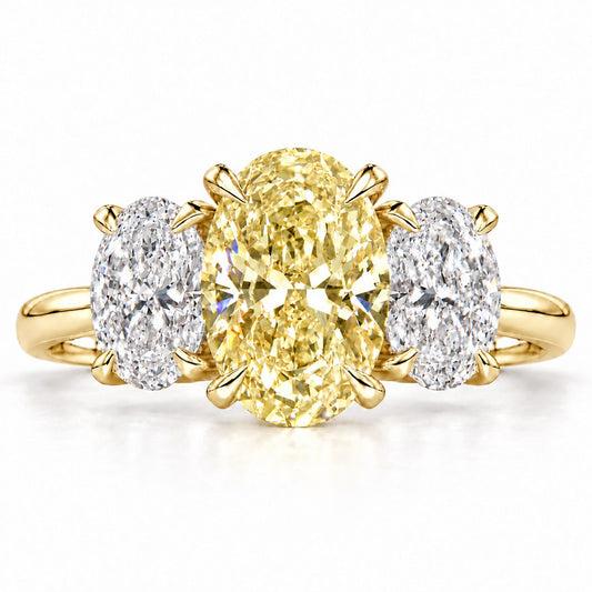 Yellow Oval Cut Lab Grown Diamond Engagement Ring - Oval Three Stone in yellow gold, front view