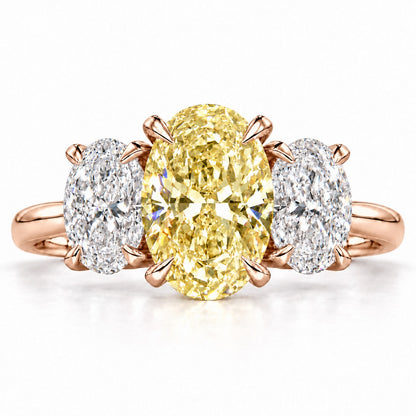 Yellow Oval Cut Lab Grown Diamond Engagement Ring - Oval Three Stone in rose gold, front view