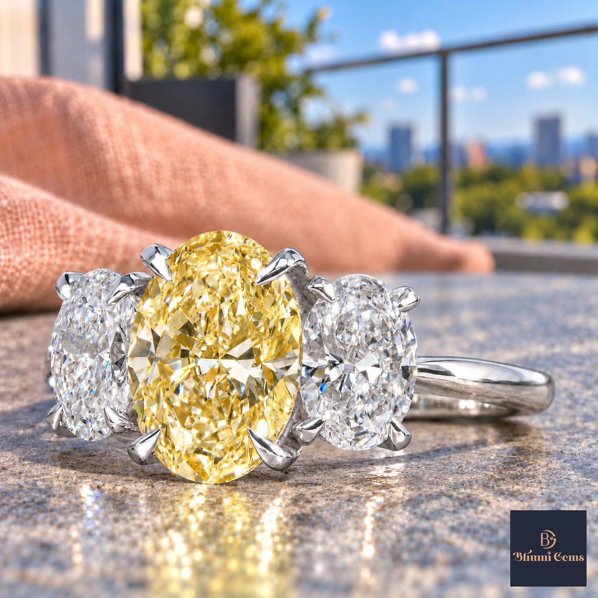 Yellow Oval Cut Lab Grown Diamond Engagement Ring - Oval Three Stone in white gold, close-up