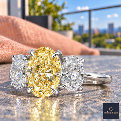 Yellow Oval Cut Lab Grown Diamond Engagement Ring - Oval Three Stone in white gold, close-up