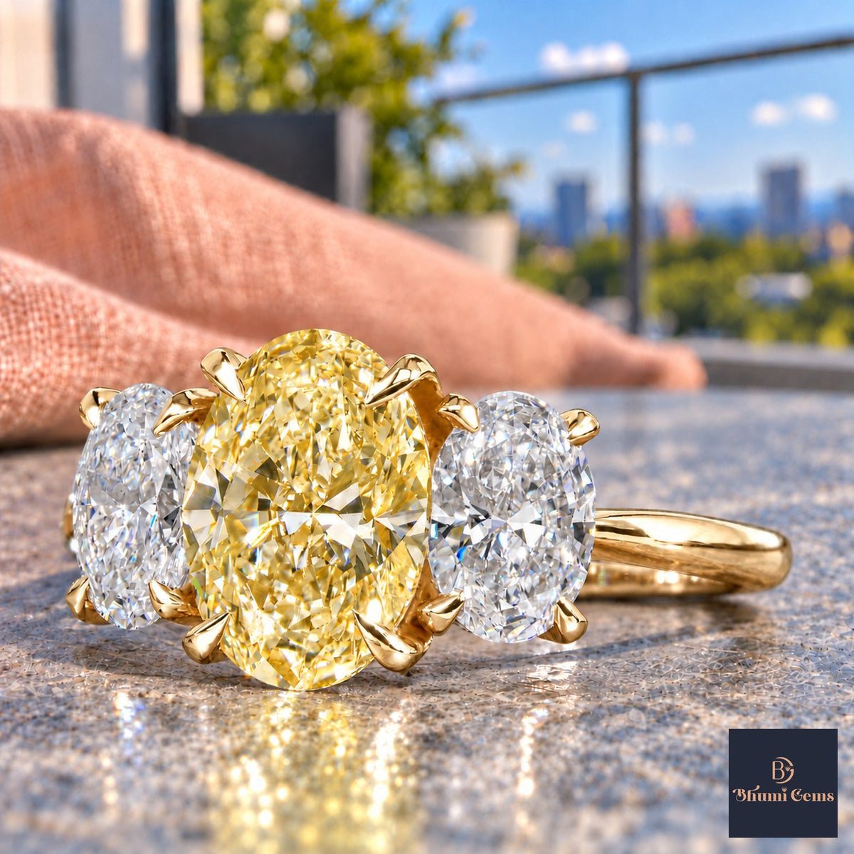 Yellow Oval Cut Lab Grown Diamond Engagement Ring - Oval Three Stone in yellow gold, close-up