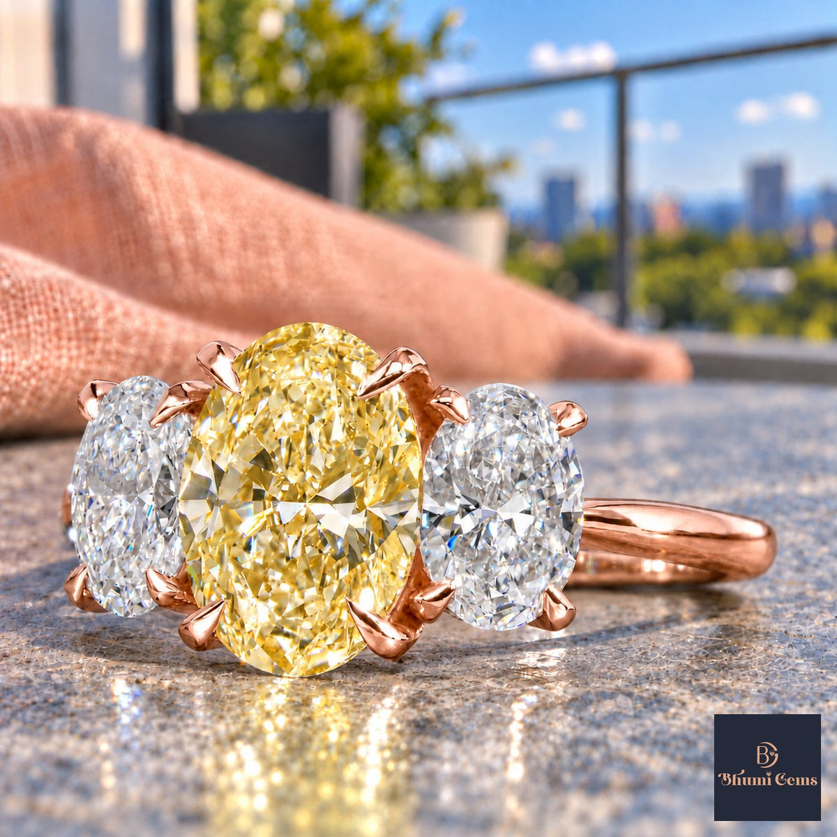 Yellow Oval Cut Lab Grown Diamond Engagement Ring - Oval Three Stone in rose gold, close-up