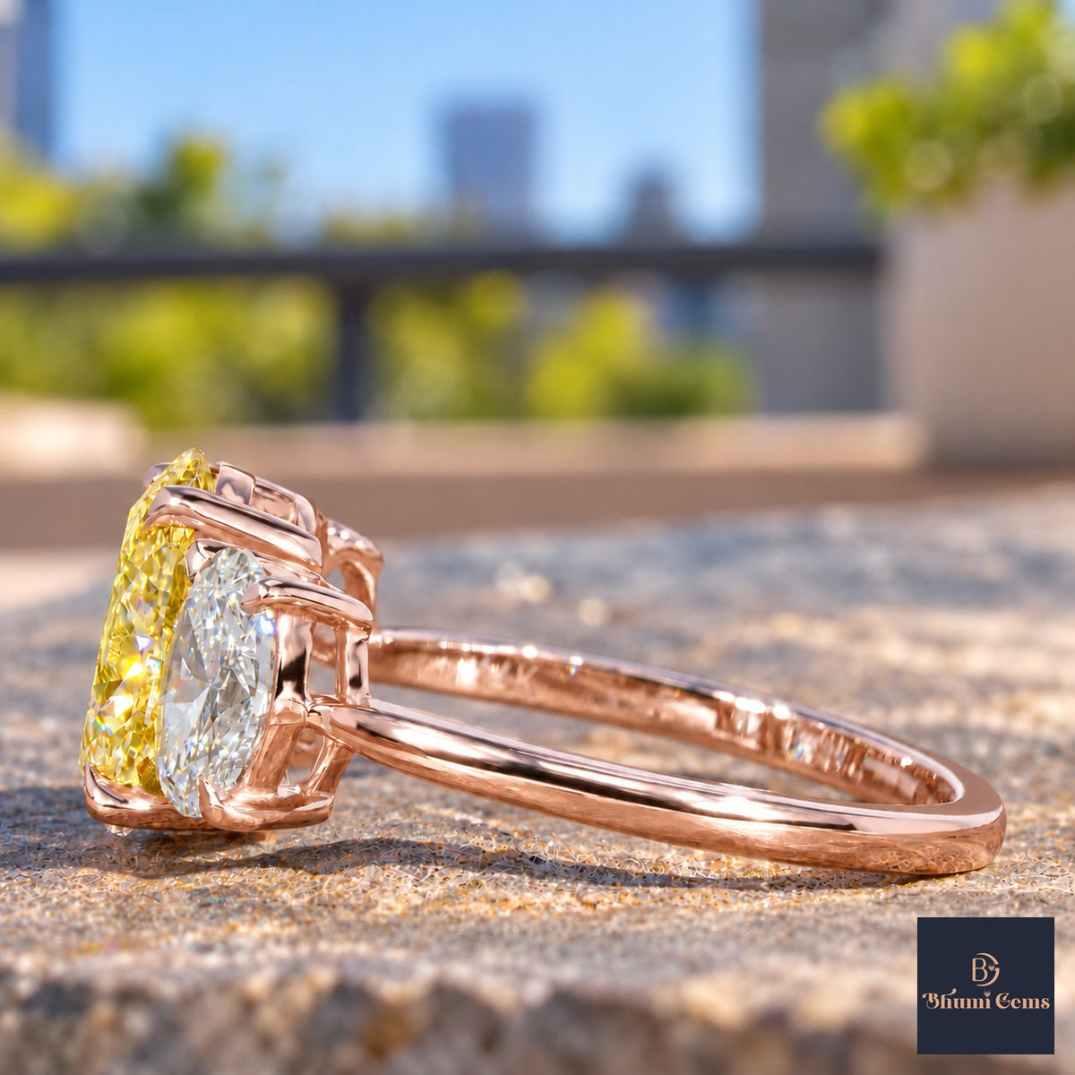 Yellow Oval Cut Lab Grown Diamond Engagement Ring - Oval Three Stone in rose gold, side view