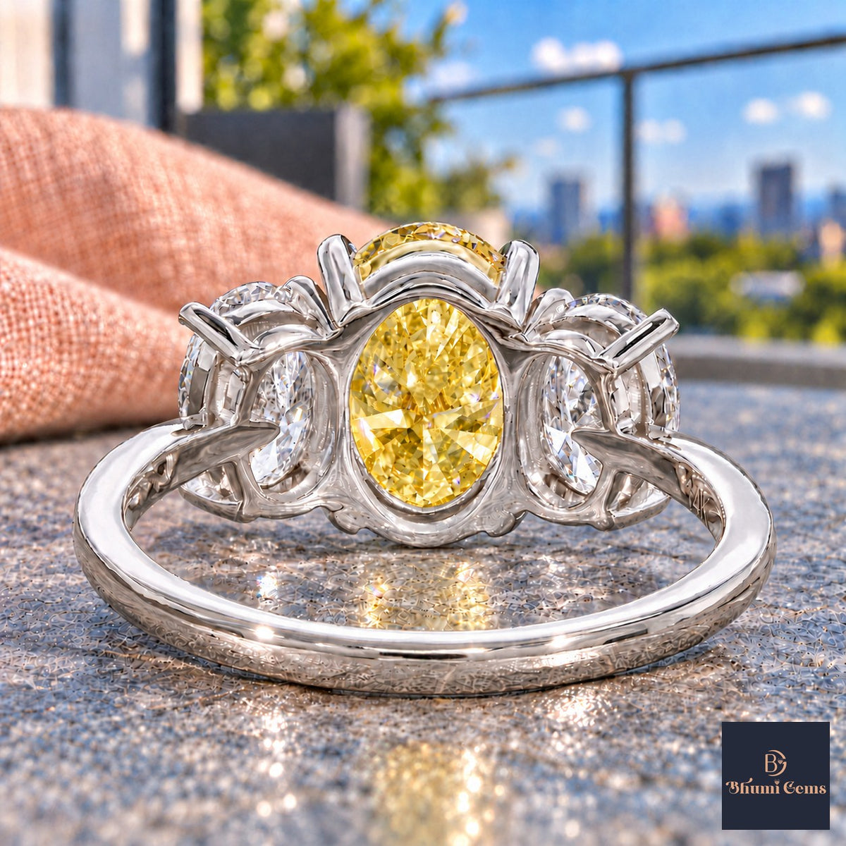 Yellow Oval Cut Lab Grown Diamond Engagement Ring - Oval Three Stone in white gold, gallery view