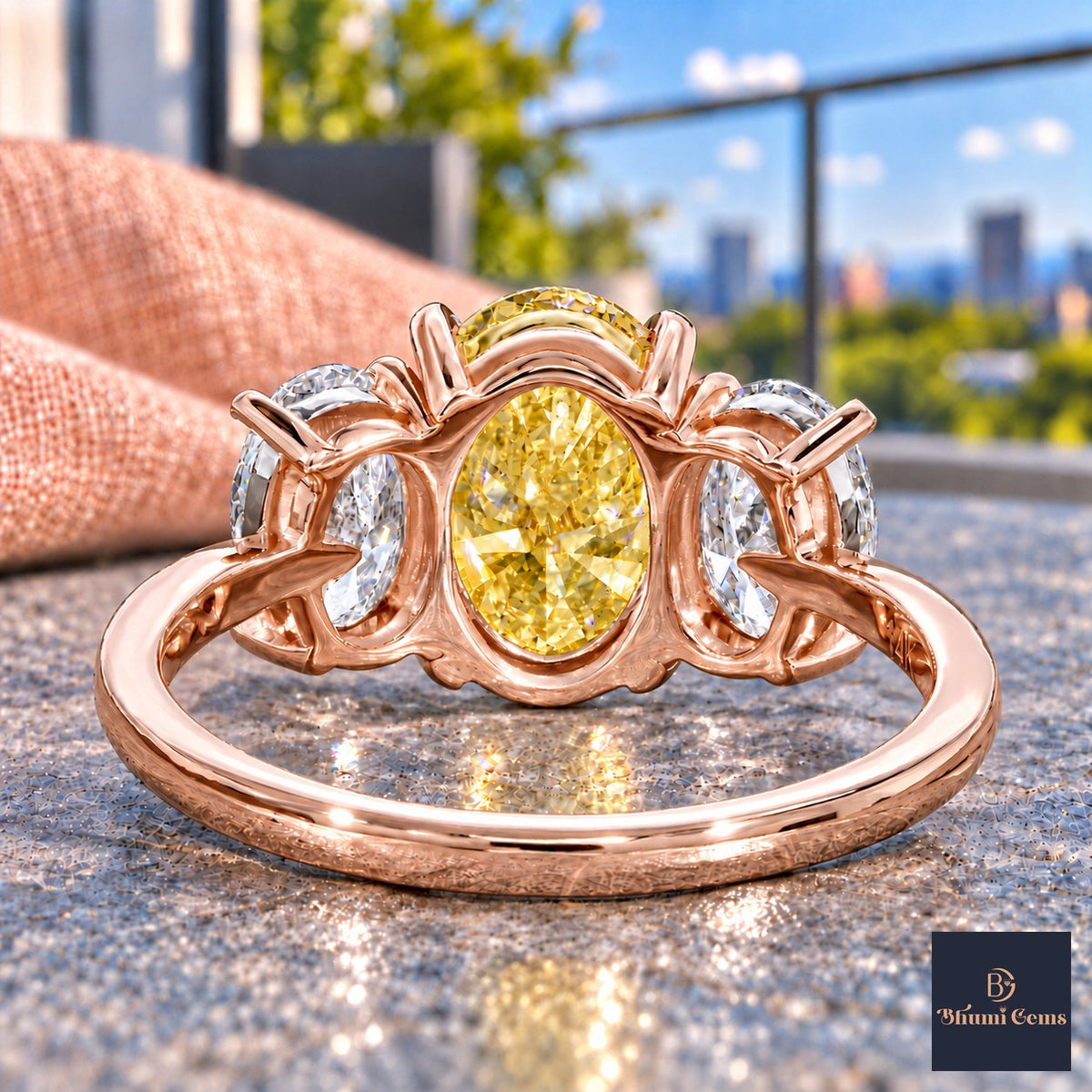 Yellow Oval Cut Lab Grown Diamond Engagement Ring - Oval Three Stone in rose gold, gallery view