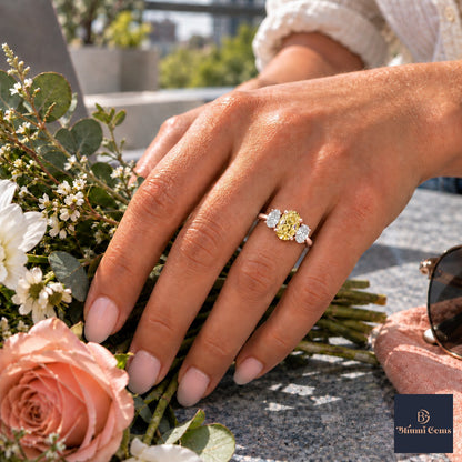 Yellow Oval Cut Lab Grown Diamond Engagement Ring - Oval Three Stone in rose gold, worn on the hand