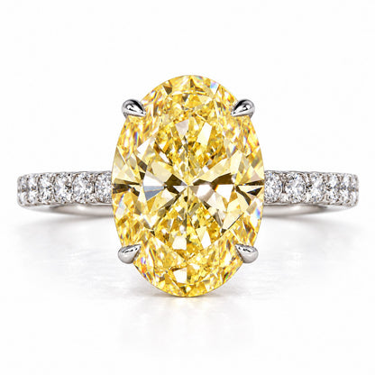 Yellow Oval Cut Lab Grown Diamond Engagement Ring - Pave Band in white gold, front view