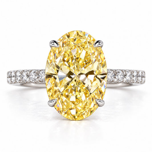 Yellow Oval Cut Lab Grown Diamond Engagement Ring - Pave Band in white gold, front view