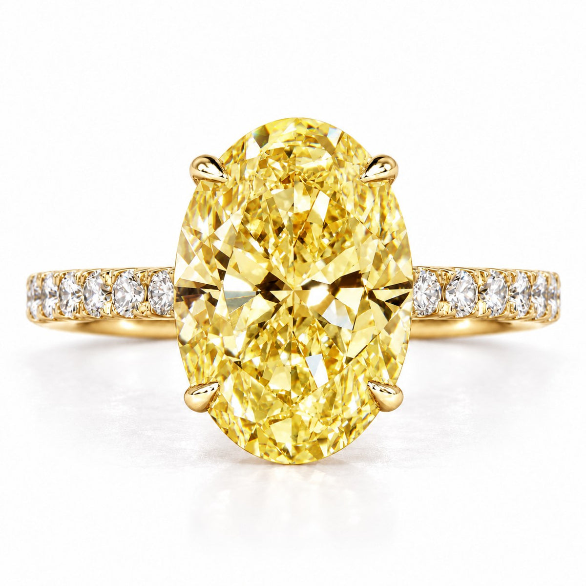 Yellow Oval Cut Lab Grown Diamond Engagement Ring - Pave Band in yellow gold, front view
