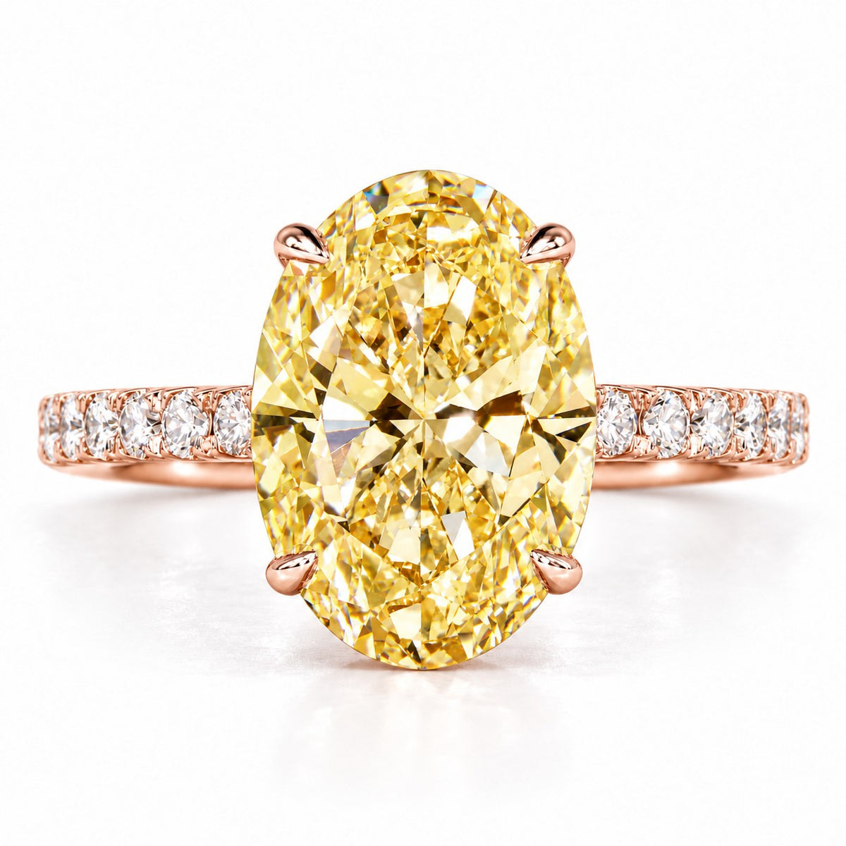 Yellow Oval Cut Lab Grown Diamond Engagement Ring - Pave Band in rose gold, front view