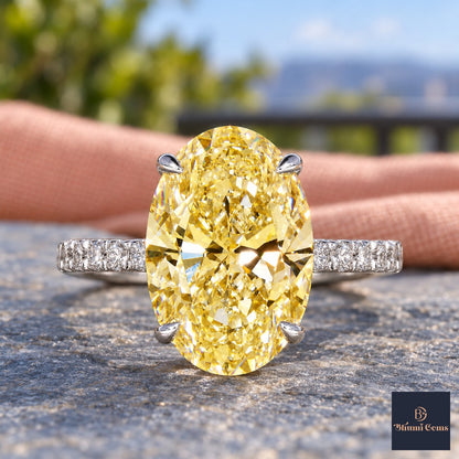 Yellow Oval Cut Lab Grown Diamond Engagement Ring - Pave Band in white gold, close-up